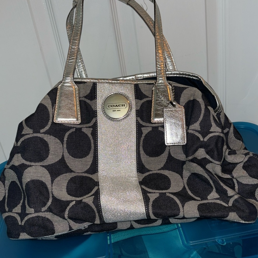 Denim and silver coach bag